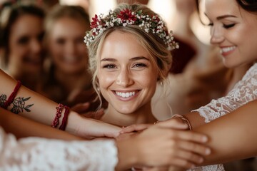 Smiling bride surrounded by friends celebrating a joyful moment at a wedding in a bright venue
