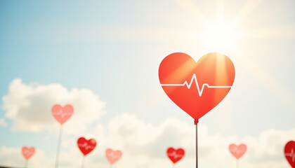 Heart with ECG curve in sunny field, promoting health awareness