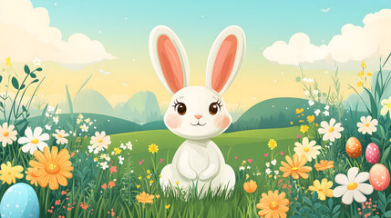 Fototapeta premium Cute Rabbit in Lush Field with Easter Egg