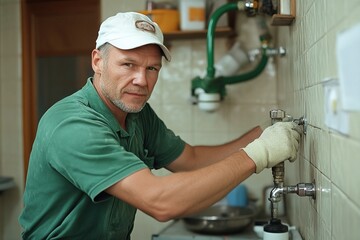 Skilled plumber performing repairs in a residential kitchen environment on a sunny afternoon