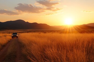 Obraz premium Scenic sunset view over golden grasslands with a vehicle on a dirt road in a remote landscape