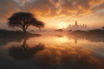 Fototapeta premium Serene sunrise over misty landscape with silhouettes of distant mountains and reflective waters