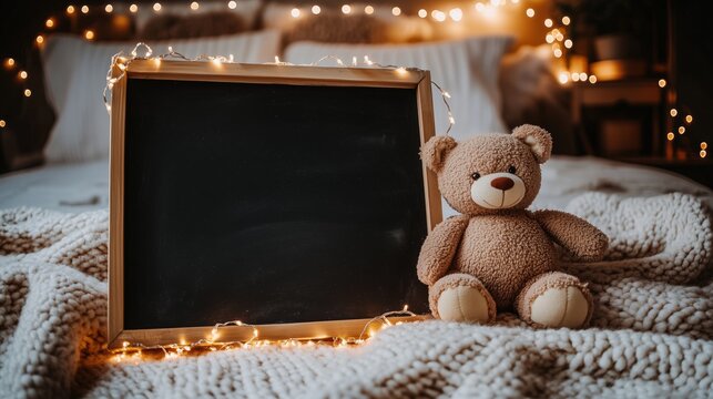 Cozy Pregnancy Announcement with Teddy Bear and Blank Chalkboard on Knitted Blanket