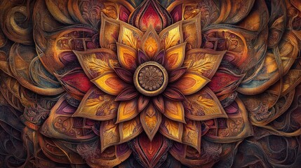 Autumnal floral mandala design, intricate detail, dark background, wall art