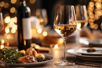 Elegant dinner table setting with white wine and gourmet dishes during a festive celebration