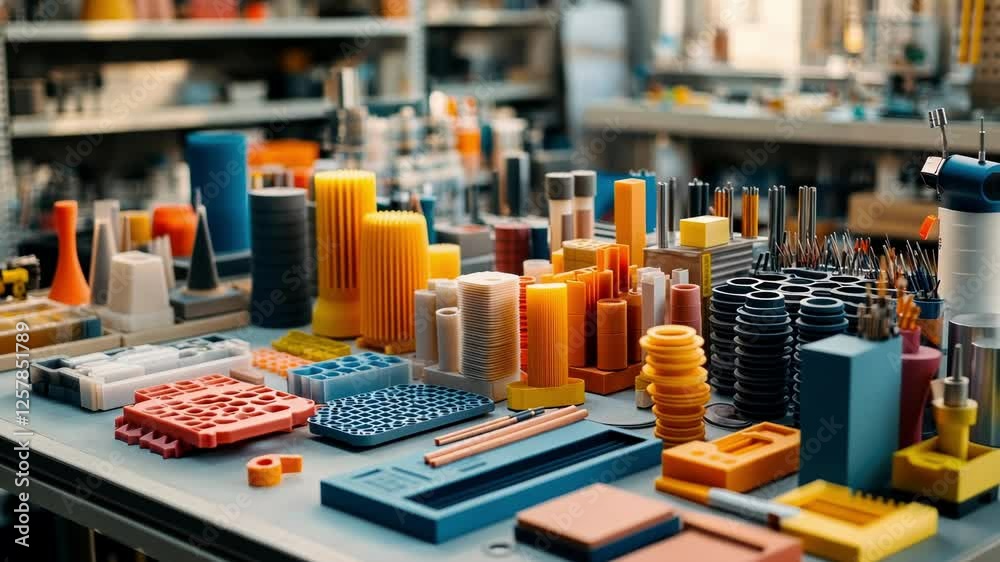 Poster many colorful plastic objects created with 3d printing technology are displayed on a workshop table,