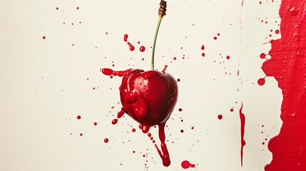 A cherry splattered against a white background, creating a colorful abstract.