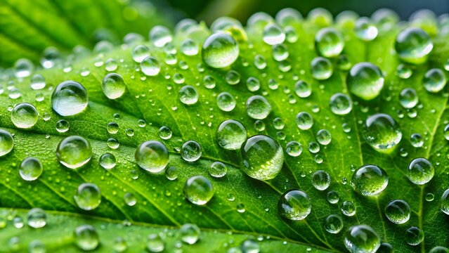 Dew Drops on Green Leaf