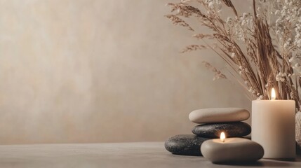 Relaxing spa atmosphere with massage stones and candles for a tranquil experience. Generative AI
