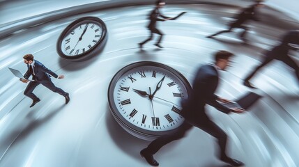 Busy business people with laptops hurry up to complete tasks at huge clock and hourglass. Deadline, project time limit, task due dates concept. Header or footer banner template with copy space.