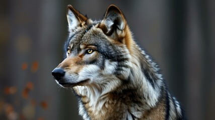 Obraz premium Wolf portrait showcasing intense gaze in natural forest habitat, symbolizing strength and wild beauty
