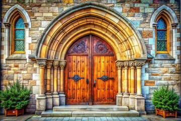 Ornate Wooden Church Doors and Stone Architecture