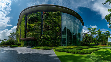 Stunning Modern Green Building with Lush Landscaping Under a Bright Blue Sky