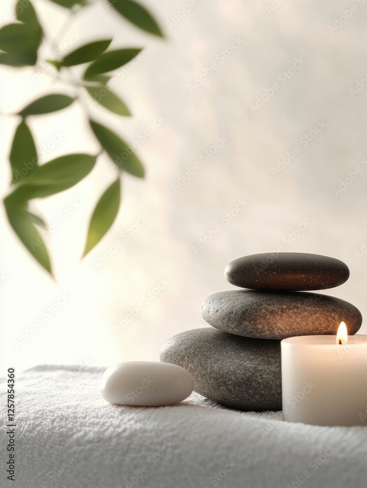 Poster relaxing spa experience with smooth massage stones and soothing candles creating a tranquil atmosphe