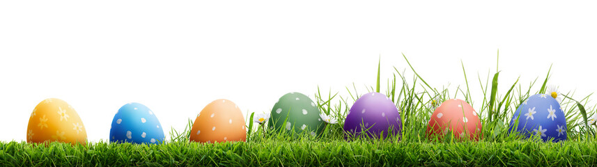 A collection of painted easter eggs celebrating a Happy Easter with green short cut meadow grass against an isolated transparent background.