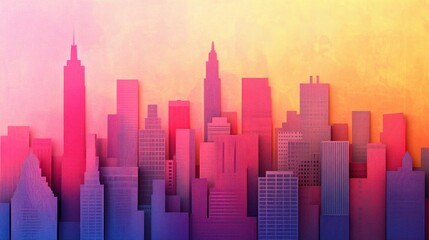 Colorful paper cutout city skyline at sunset.