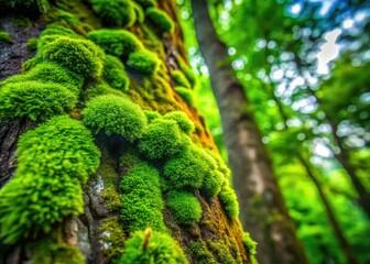 Emerald moss luxuriantly drapes aged bark, a forest backdrop composed using the rule of thirds.