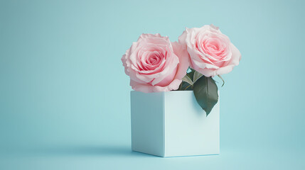 Pink Roses in White Container Against Soft Blue Background