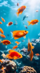 Naklejka premium Stunning school of colorful tropical fish swimming in a lush idyllic coral reef environment This captivating underwater scene showcases the beauty and diversity of marine life in a natural