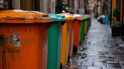 Naklejka premium Close-up of colorful garbage cans lined up in an alley on a city street, symbolizing urban waste management, recycling, and environmental sustainability, with a blurred background.