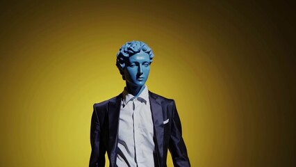 Blue mannequin head with classical features dressed in a formal suit and tie, set against a vibrant yellow backdrop, creating a striking contrast of colors and styles