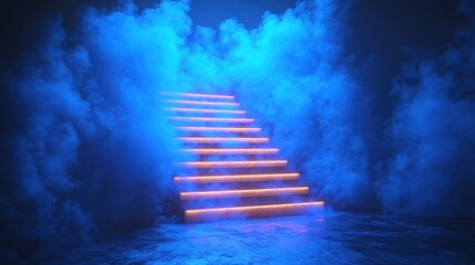 Illuminated staircase emerging from vibrant blue fog, creating a mystical atmosphere for events
