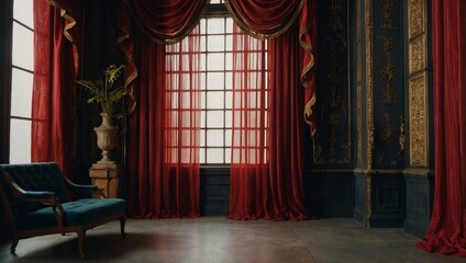 Fototapeta premium Luxurious red velvet curtains with gold trim frame a grand window in an elegant room