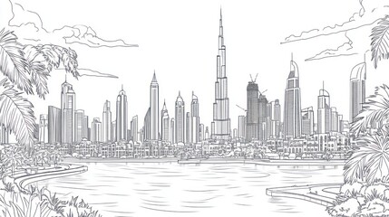 Obraz premium Dubai skyline sketch, waterfront view, palm trees, travel poster