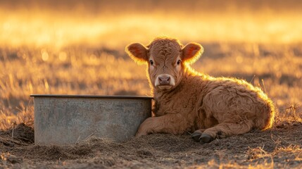 Obraz premium Golden Hour Calf in a Rural Meadow