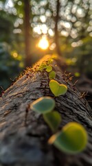 Ants on a log, bathed in golden sunlight