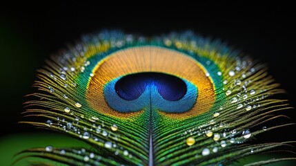 Dew-kissed peacock feather, macro, dark background, nature