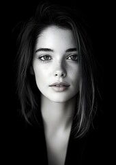 Fototapeta premium Striking and Captivating Monochrome Portrait of a Poised Female Subject with Delicate yet Determined Features Vintage inspired Styling and Dramatic Chiaroscuro Lighting in a Minimalist Composition