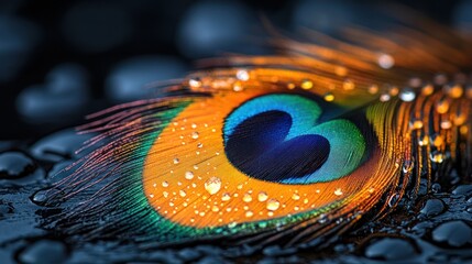 Fototapeta premium Dew-kissed peacock feather on stones, dark background, nature design