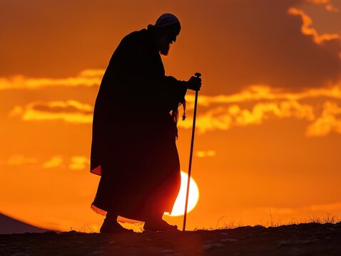 Vintage photograph of an elderly shepherd walking with a staff at sunset, silhouetted against the warm hues of the setting sun. - Powered by Adobe