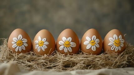 Brightly decorated Easter eggs with daisy and smiley face designs in a rustic nest setting, Mocha Mousse trend color, Happy Easter