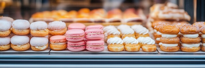 Artisan pastry showcase eclairs cream puffs and macarons in a bakery display urban environment close-up view