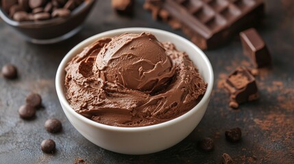 Rich chocolate ice cream served in a bowl with dark chocolate pieces and cocoa beans on a textured surface, Mocha Mousse trend color