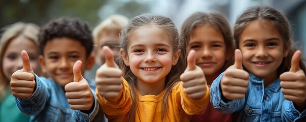 Schoolchildren from various backgrounds give thumbs up in a show unity and approval.