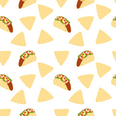Meat filled Taco and Triangular Nacho Seamless Pattern. Traditional Mexican Food background concept