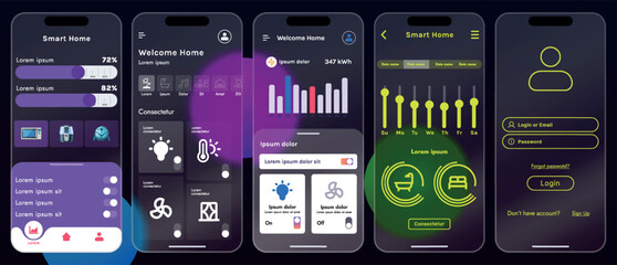 Sleek vector illustration of a smart home app interface displayed on a smartphone. The design features a glass base, modern icons and controls.