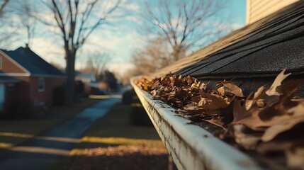 Close-up of the edge of the roof with leaves in springtime, showing a dirty and annually cleaned empty, clear white metal downspout on one side of it