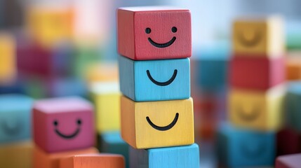 Colorful wooden cubes with smiling faces on a blurred background, a smiley face icon concept. Happy customer experience