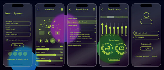 Sleek vector illustration of a smart home app interface displayed on a smartphone. The design features a glass base, modern icons and controls.
