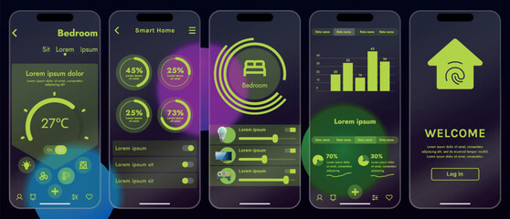 Sleek vector illustration of a smart home app interface displayed on a smartphone. The design features a glass base, modern icons and controls.