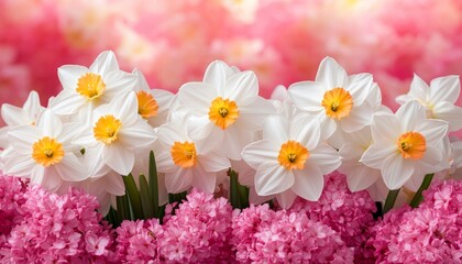 Springtime Harmony A Vibrant Display of White Daffodils and Pink Hyacinths in Bloom.