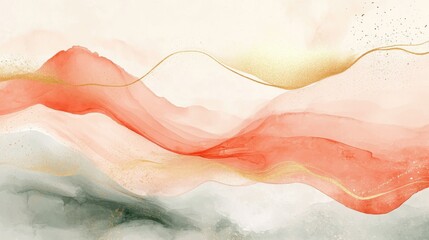 Fototapeta premium Mountain background vector. Minimal landscape art with watercolor brush and golden line art texture. Abstract art wallpaper for prints, Art Decoration, wall arts and canvas prints.