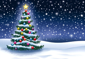 Obraz premium A Christmas tree adorned with colorful decorations stands against a snowy backdrop, with a night sky filled with stars and bokeh lights. This image could serve as a design for a Christmas card 