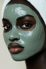 A close-up photograph of a beautiful black woman with a light green clay mask covering her face, wearing a white towel wrapped around her head. This beauty and self-care concept highlights skincare an