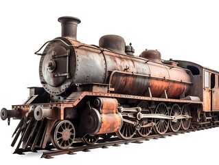 Fototapeta premium Rusty Relic: A weathered steam locomotive stands majestically on the tracks, its rusted exterior and worn wheels a testament to a bygone era.