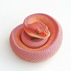 Fototapeta premium A cute, red snake coiled up in a realistic photographic style, against a white background. 